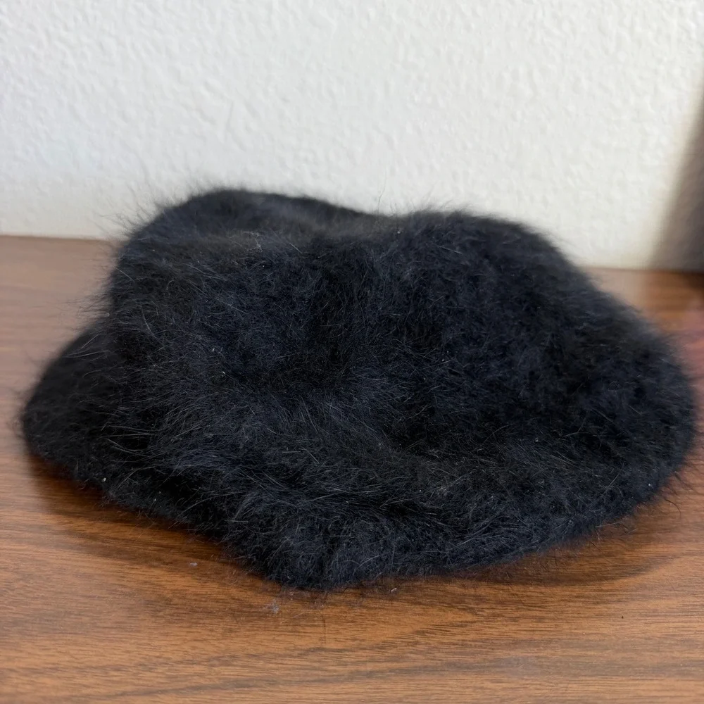 Vintage Fuzzy Black Angora Rabbit Hair Newsboy Cap Baker Boy Hat Preppy 90's Y2K